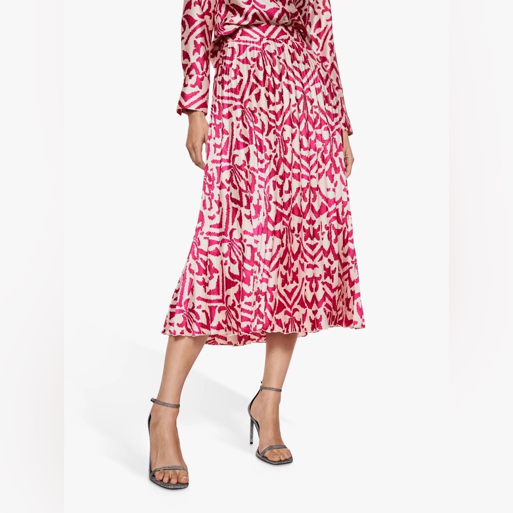 Mango Quant Abstract Print Pleated Midi Skirt, Pink, L